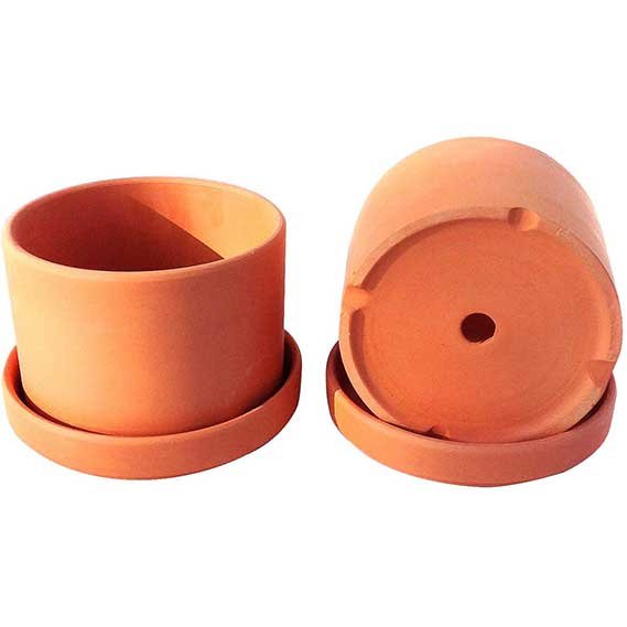Natural Terracotta Round Fat Walled Garden Planters with Individual Trays